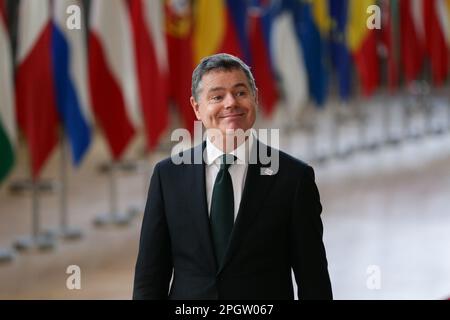 Bruxelles, Belgio. 24th Mar, 2023. Il Presidente dell'Eurogruppo Paschal Donohoe arriva alla riunione del Consiglio europeo e al vertice dell'Euro a Bruxelles (Belgio), 24 marzo 2023. Credit: Zheng Huansong/Xinhua/Alamy Live News Foto Stock