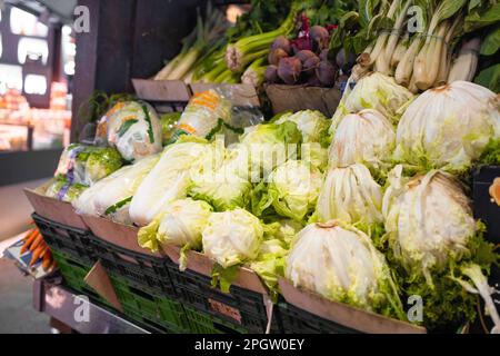 Molti cavolo cinese sono venduti nel mercato. Verdure fresche durante la cottura, con conseguente valore nutrizionale elevato. Un grande mercato pubblico nel Ciutat Foto Stock