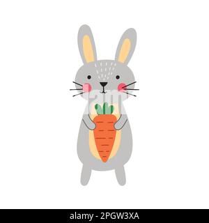 Coniglio carino che tiene una carota nelle sue zampe. Dolce piccolo coniglietto elemento isolato in stile cartone animato Illustrazione Vettoriale