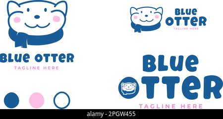 Blue Otter Abstract Vector Sign, Emblem Logo Template. Cute Little Funny Otter animale faccia con sciarpa e divertente Typography. Layout diverso Illustrazione Vettoriale