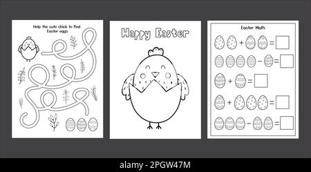 Set di fogli di lavoro di Pasqua con pulcino e uova carini. Raccolta pagine di attività primavera in bianco e nero Illustrazione Vettoriale