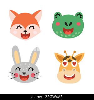 Cute animali volti set. Volpe, coniglio rana e giraffa in cartoon stile collezione Illustrazione Vettoriale