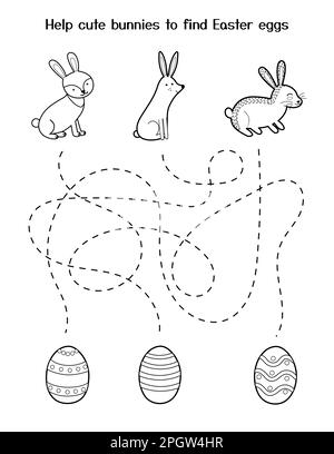Guida coniglietti cute per ottenere le uova. Gioco di labirinto di Pasqua per i bambini. Pagina di attività molla in bianco e nero Illustrazione Vettoriale