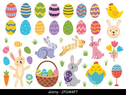 Collezione di elementi di Pasqua carino. Coniglietto di estere, pulcini, uova, cestino e tulipani Illustrazione Vettoriale
