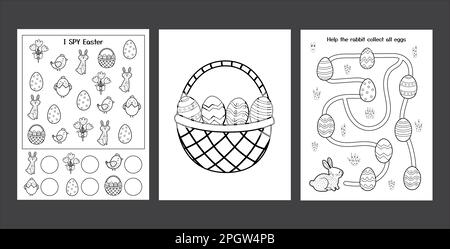 Set di fogli di lavoro di Pasqua con coniglietto carino. Raccolta pagine di attività primavera in bianco e nero Illustrazione Vettoriale