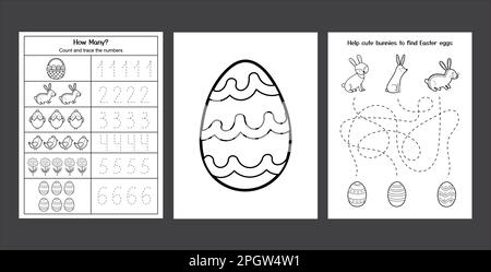 Set di fogli di lavoro di Pasqua con coniglietti e pulcini carini. Raccolta pagine di attività primavera in bianco e nero Illustrazione Vettoriale