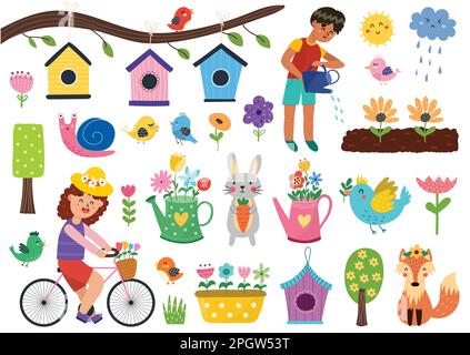Set primaverile con simpatici coniglio, volpe, uccelli, lumaca e bambini. Personaggi disegnati a mano ed elementi primaverili Illustrazione Vettoriale