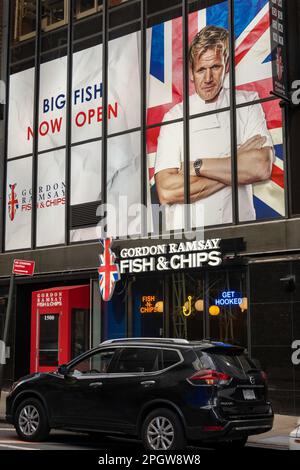 Gordon Ramsay's fish and chips è il ristorante più recente del famoso chef, un fast food, situato a Times Square, 2023, New York City, USA Foto Stock