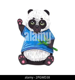 Panda su sfondo bianco. Carino panda è seduta e mangiare bambù. Animale in abiti, panda cinese. Gouache boho disegno foresta, acquerello, immagine Foto Stock