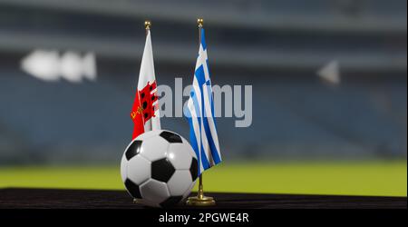 UEFA 2024 Calcio Gibilterra vs Grecia Campionato europeo Qualifiche, Gibilterra e Grecia con palla di calcio. 3d lavoro. Yerevan, Armenia - 2023 Marc Foto Stock