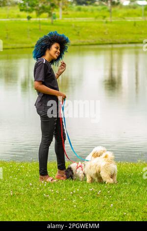 Goiania, Goias, Brasile – 20 marzo 2023: Una giovane donna nera, con capelli afro tinti di blu, che cammina i suoi cani sul prato accanto a uno stagno nel parco. Foto Stock