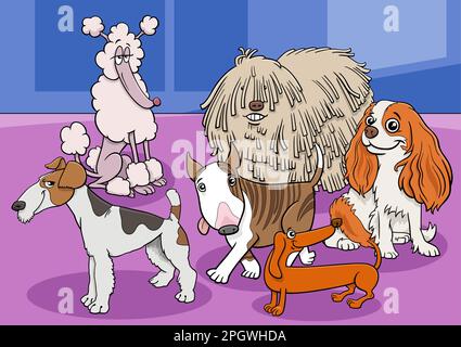 Illustrazione cartoon di divertenti cani purosanguini e cuccioli comic animal gruppo di caratteri Illustrazione Vettoriale