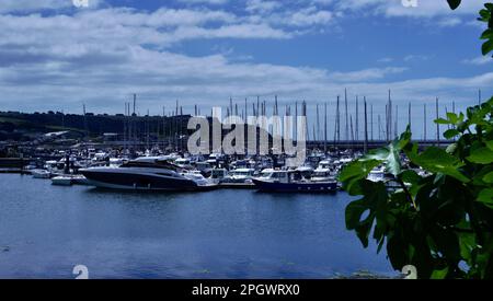 Plymouth, Devon, Inghilterra 06 luglio 2022: Viste da Plymouth Fisheries ai lussuosi yacht e motoscafi ormeggiati a Sutton Quay Foto Stock