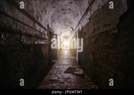 Corridoio oscuro e creepy del vecchio ospedale mentale abbandonato. Foto Stock