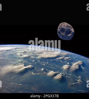 Occasionalmente, un asteroide abbastanza grande da distruggere una città passa tra le orbite della Terra e della Luna. Il 25 marzo 2023, un tale oggetto, chiamato 2023 DZ2, passò entro 515 000 km dalla luna, prima di volare sulla Terra ore dopo. Passando a soli 68.000km di distanza, l'asteroide sarà visibile dalla Terra attraverso binocoli e piccoli telescopi in tutto il mondo. ?25 MarchÊ2023?Credit: NASA/ Alamy Live News via Digitaleye Artist's Impression - un'immagine composita unica derivata da versioni ottimizzate e migliorate delle immagini originali della NASA. Foto Stock