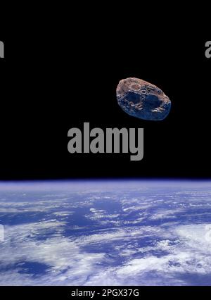 Occasionalmente, un asteroide abbastanza grande da distruggere una città passa tra le orbite della Terra e della Luna. Il 25 marzo 2023, un tale oggetto, chiamato 2023 DZ2, passò entro 515 000 km dalla luna, prima di volare sulla Terra ore dopo. Passando a soli 68.000km di distanza, l'asteroide sarà visibile dalla Terra attraverso binocoli e piccoli telescopi in tutto il mondo. ?25 MarchÊ2023?Credit: NASA/ Alamy Live News via Digitaleye Artist's Impression - un'immagine composita unica derivata da versioni ottimizzate e migliorate delle immagini originali della NASA. Foto Stock