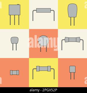 le icone dei componenti elettronici impostano i resistori. Vettore Illustrazione Vettoriale