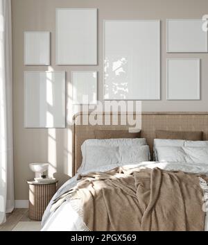 Mockup di interni moderni. Set da parete a galleria, parete vuota in camera da letto color beige neutro Foto Stock