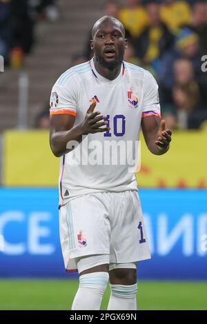 Solna, Svezia. 24th Mar, 2023. Romelu Lukaku in Belgio reagisce durante una partita di calcio tra la nazionale svedese e i Red Devils in Belgio, alla Friends Arena, a Solna, in Svezia, venerdì 24 marzo 2023, la prima (su 8) partita di qualificazione Euro 2024. BELGA PHOTO VIRGINIE LEFOUR Credit: Agenzia Notizie Belga/Alamy Live News Foto Stock