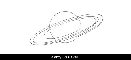 Una linea continua che traccia il pianeta Saturn. Concetto di spazio esterno. Illustrazione grafica vettoriale con disegno a linea singola Illustrazione Vettoriale