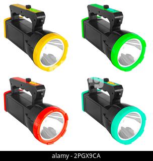 torcia elettrica a batteria con impugnatura, su sfondo bianco in isolamento Foto Stock