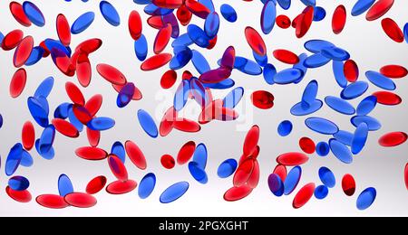 Molte compresse di gel 3D rese rosse e blu cadono su sfondo bianco. Foto Stock