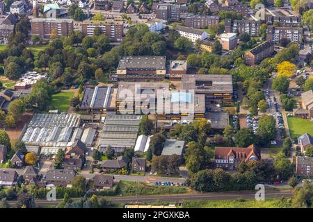 Vista aerea, serre Berufskolleg Wesel e Blumen Terlinden nel distretto Feldmark a Wesel, bassa Reno, Nord Reno-Westfalia, Germania, voca Foto Stock