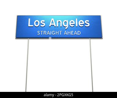 Cartello di uscita per la città di Los Angeles in 3D su sfondo bianco con tracciato di ritaglio incorporato. Foto Stock