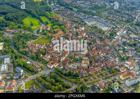 Veduta aerea, il castello di Burgsteinfurt, chiamato anche castello di Steinfurt, nel distretto di Burgsteinfurt a Steinfurt, Münsterland, Renania settentrionale-Vestfalia, Germ Foto Stock