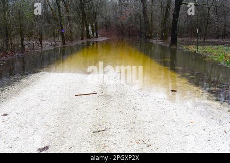 Flood Waters Block una strada di ghiaia nella contea di Dallas, Missouri, Missouri, Stati Uniti, Stati Uniti, STATI UNITI. Marzo 24, 2023 Foto Stock