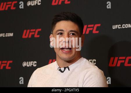 23 marzo 2023, Città del Messico, Messico: L'artista marziale misto professionista messicano e il campione di pesi mossi UFC, Brandon Moreno 'The Assassin Baby', partecipa a una conferenza stampa per annunciare una lotta in Messico all'Hyatt Regency Hotel. Il 23 marzo 2023 a Città del Messico. (Foto di Ismael Rosas/ Eyepix Group) Foto Stock