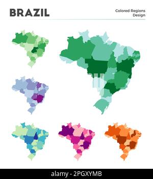 Collezione di mappe per il Brasile. Confini del Brasile per la tua infografica. Regioni colorate del paese. Illustrazione vettoriale. Illustrazione Vettoriale