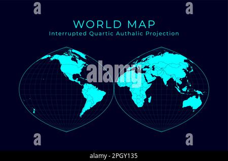 Mappa del mondo. Proiezione autenticale quartic interrotta in due emisferi. Futuristica illustrazione del mondo dell'infografica. Illustrazione Vettoriale
