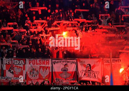 Praga, Repubblica Ceca. 24th Mar, 2023. Tifosi polacchi durante la partita di calcio di qualificazione UEFA EURO 2024 Gruppo e a Praga il 24 marzo 2023. (Credit Image: © Slavek Ruta/ZUMA Press Wire) SOLO PER USO EDITORIALE! Non per USO commerciale! Foto Stock