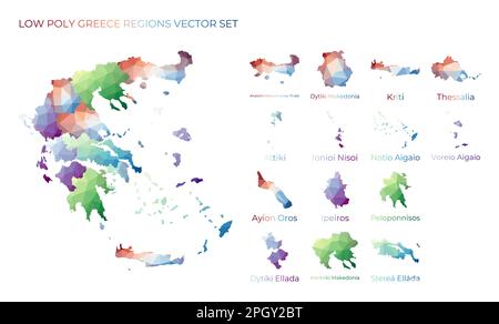 Regioni greche di poli bassi. Mappa poligonale della Grecia con regioni. Mappe geometriche per il progetto. Illustrazione vettoriale artistica. Illustrazione Vettoriale