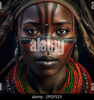 il volto di una donna affricana con caratteristiche esasive durante una cerimonia tribale Foto Stock