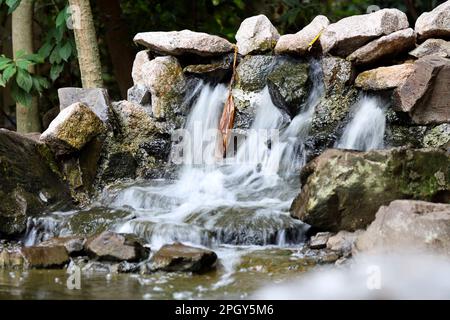 Foto di una piccola cascata nel parco, foto a lunga esposizione per un effetto sfocato dell'acqua. Foto Stock