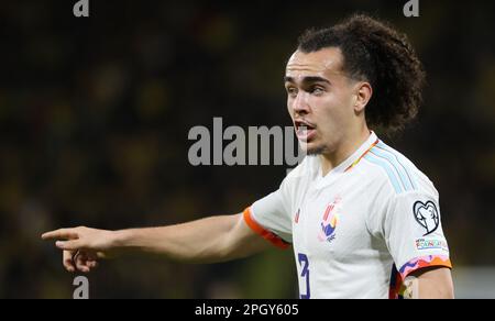 Solna, Svezia. 24th Mar, 2023. Arthur Theate del Belgio gesta durante una partita di calcio tra la nazionale svedese e i Red Devils del Belgio, alla Friends Arena, a Solna, Svezia, venerdì 24 marzo 2023, la prima (su 8) partita di qualificazione Euro 2024. BELGA PHOTO VIRGINIE LEFOUR Credit: Agenzia Notizie Belga/Alamy Live News Foto Stock