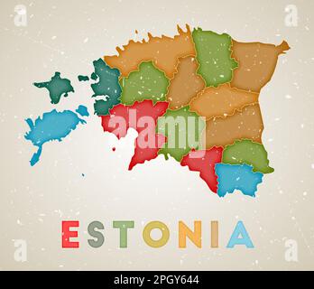 Mappa dell'Estonia. Poster del paese con regioni colorate. Vecchia trama grunge. Illustrazione vettoriale dell'Estonia con il nome del paese. Illustrazione Vettoriale