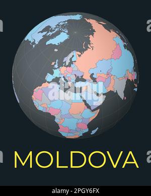 Mappa del mondo incentrata sulla Moldavia. Paese evidenziato in rosso. Visione satellitare del mondo incentrata sul paese con il nome. Illustrazione vettoriale. Illustrazione Vettoriale