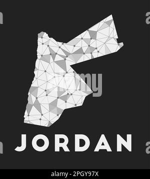 Giordania - Mappa della rete di comunicazione del paese. Design geometrico alla moda Jordan su sfondo scuro. Illustrazione Vettoriale