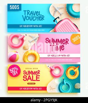 Set banner vettoriale estivo. Vendita estiva, voucher di viaggio e banner orario per vacanze business layout. Vettore illustrazione banner estate vendita. Illustrazione Vettoriale