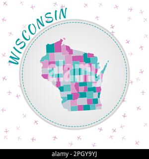 Disegno della mappa del Wisconsin. Mappa dello stato degli Stati Uniti con regioni nella tavolozza dei colori smeraldo-ametista. Illustrazione Vettoriale