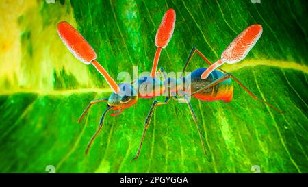 Cordyceps fungo parassita che cresce su formica, illustrazione Foto Stock