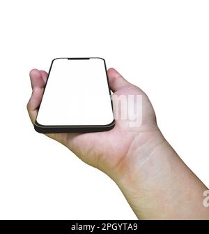 Tenere in mano lo smartphone con schermo vuoto isolato su sfondo bianco con percorso di ritaglio Foto Stock