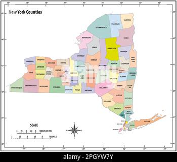 new york state delineare la mappa vettoriale amministrativa e politica a colori Foto Stock
