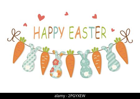 giorno di pasqua banner garland con coniglietti e carote Illustrazione Vettoriale