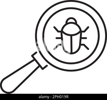 Lente d'ingrandimento per la tecnologia dell'informazione, illustrazione dell'icona del vettore bug. Illustrazione Vettoriale
