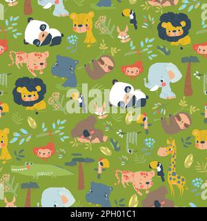 Modello senza cuciture con animali della giungla su sfondo verde Illustrazione Vettoriale