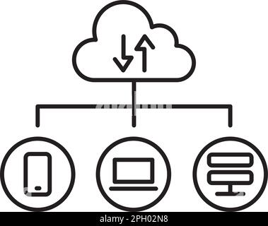 Illustrazione dell'icona del vettore di archiviazione cloud, del telefono, del laptop, del server, delle frecce di gestione dei progetti. Illustrazione Vettoriale
